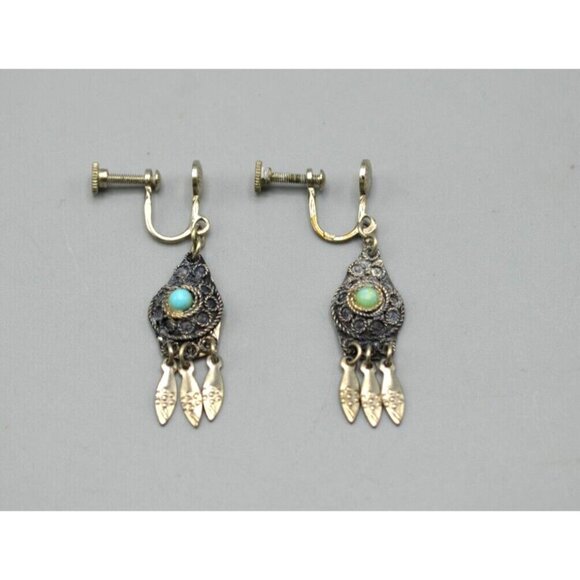 Feather Filigree Fish Screw Back Earrings 925 Sterling Silver Israel 1.75" - Picture 1 of 5